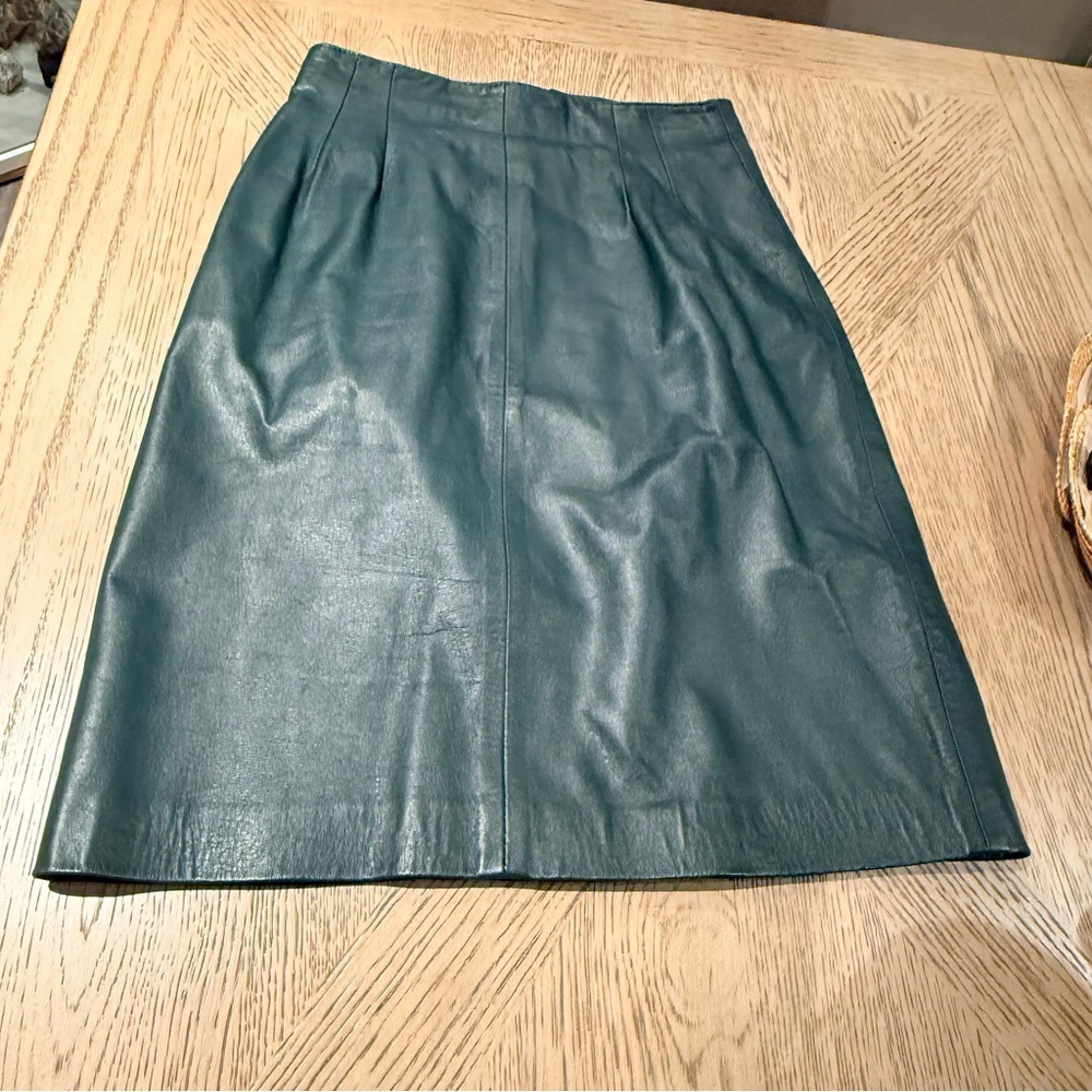 Leather Skirt Womens Petite Size 6 Green  Margaret Godfrey Pencil Lined Slit Zip